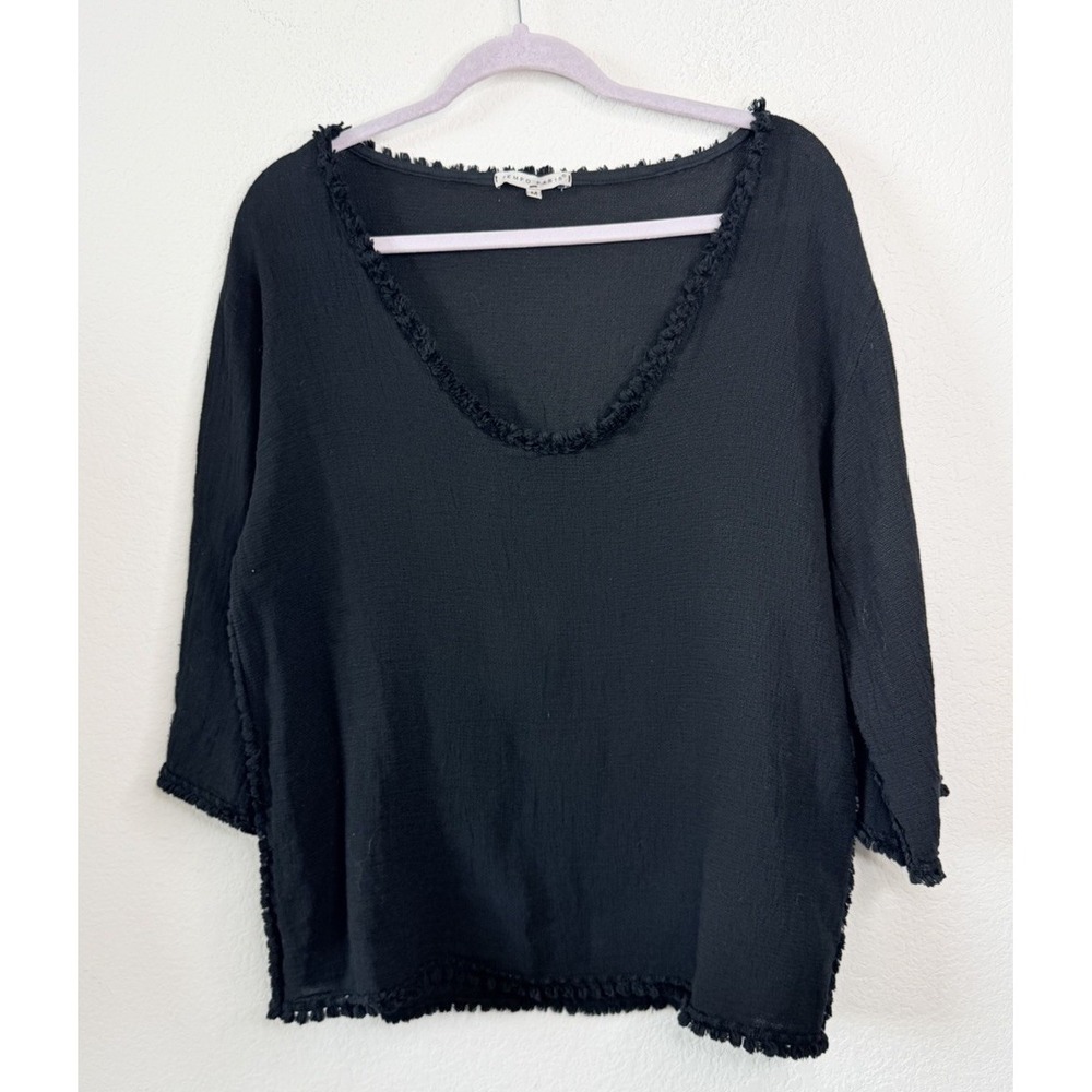 Tempo Paris 100% Linen Fringe Trim Top Black Sz M Minimalist Boho Made In Italy